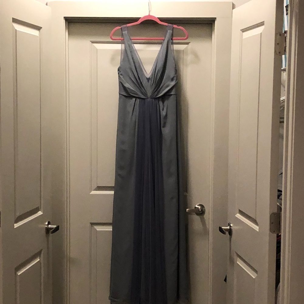 Monique Lhuillier bridesmaid Deep V-neck Chiffon & Tulle Gown steel grey